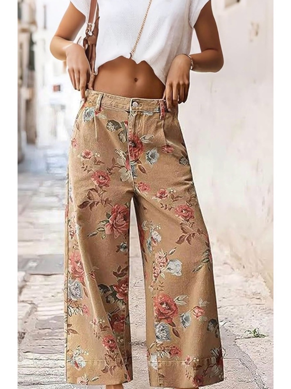 Amazon Tan Khaki Floral Wide Leg Relaxed Fit Cropped Jeans
